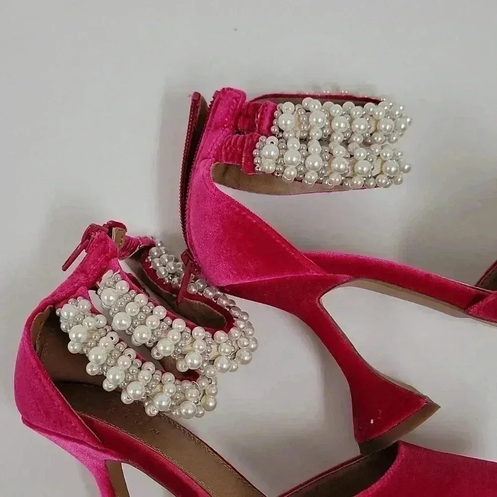 ASOS Hot Pink Velvet Pointed-Toe Heels with Pearl Ankle Straps